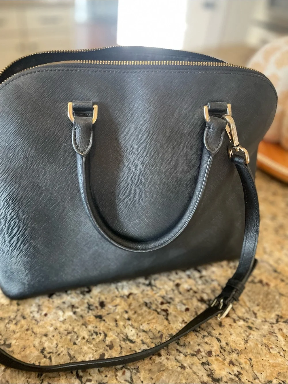 Michael Kors Cindy Medium Saffiano Leather Dome Satchel Black with Gold Hardware